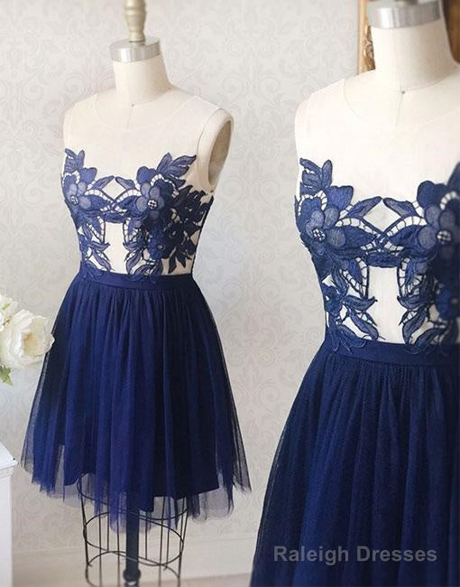 Blue Sheer Neck Lace Applique Short Prom Dresses Secondary image