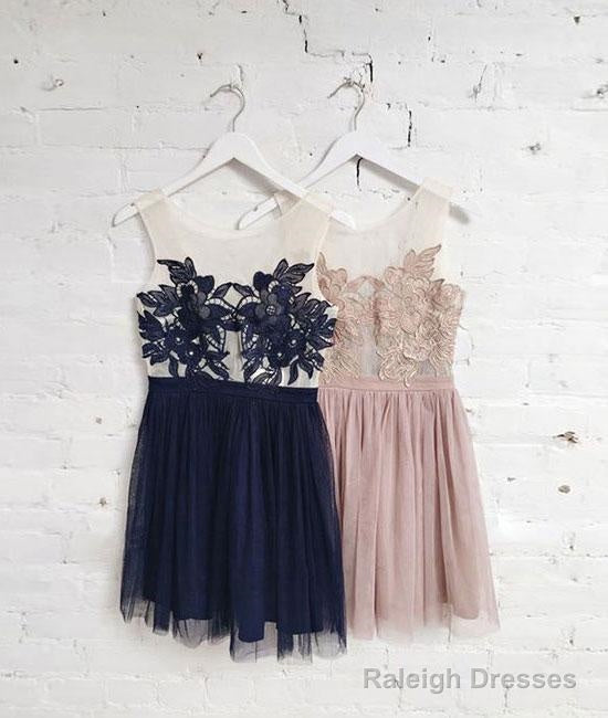 Blue Sheer Neck Lace Applique Short Prom Dresses Main image