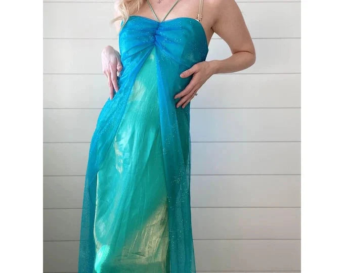 Blue Shiny Fashion Gradient Spray Gold Retro Elegant Sling Long Tulle Ball Gown Evening Dress Party Dress