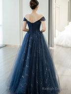 Blue Shiny Tulle Floor Length Prom Dress, Off The Shoulder A-Line Evening Party Dress