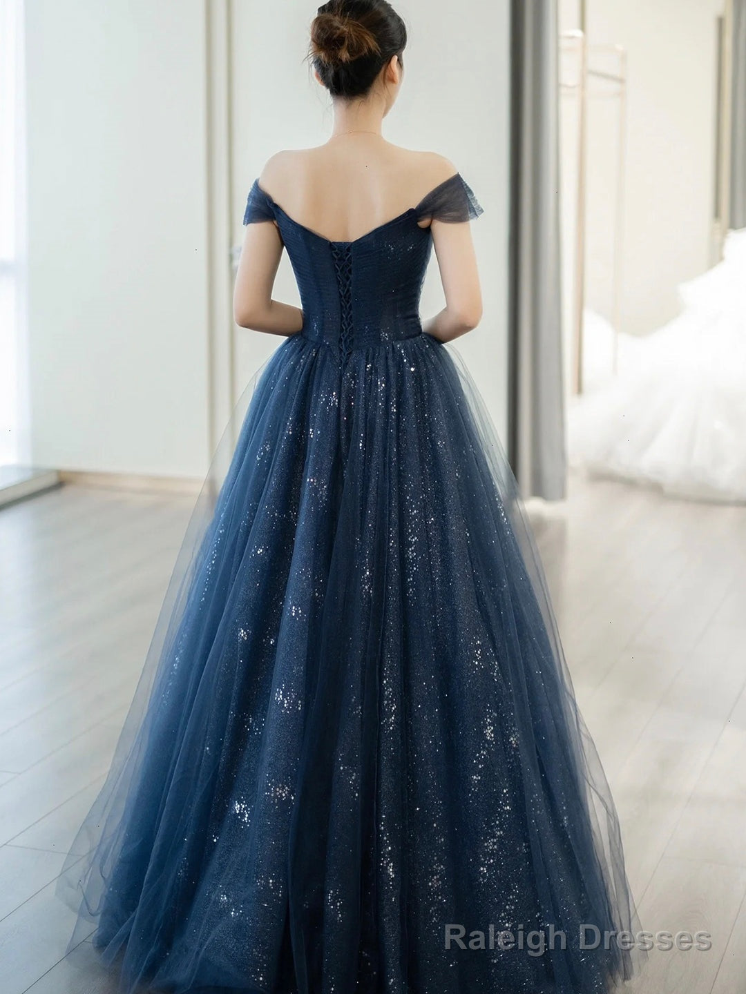Blue Shiny Tulle Floor Length Prom Dress, Off The Shoulder A-Line Evening Party Dress