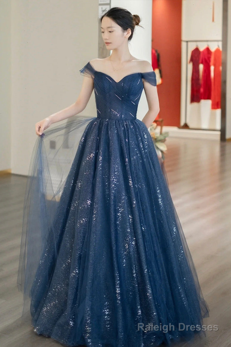 Blue Shiny Tulle Floor Length Prom Dress, Off The Shoulder A-Line Evening Party Dress Main image