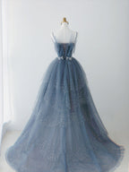 Blue Shiny Tulle Layers Straps Beaded Long Prom Dress, A-Line Chic Evening Dress