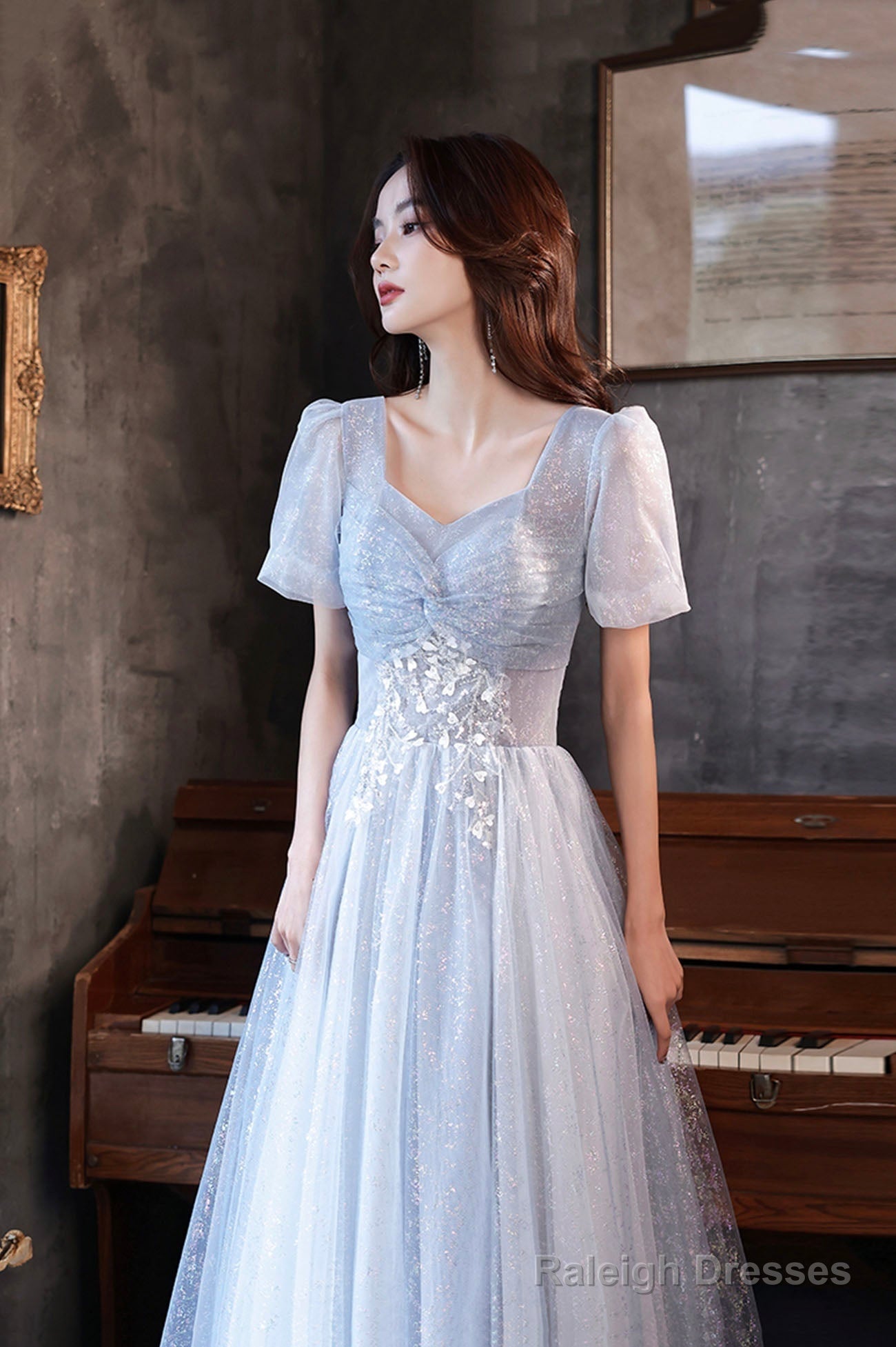 Blue Shiny Tulle Long A-Line Prom Dress, Blue Short Sleeve Evening Dress Secondary image