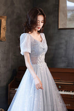 Blue Shiny Tulle Long A-Line Prom Dresses Blue Short Sleeve Prom Dresses