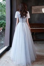 Blue Shiny Tulle Long A-Line Prom Dress, Blue Short Sleeve Evening Dress