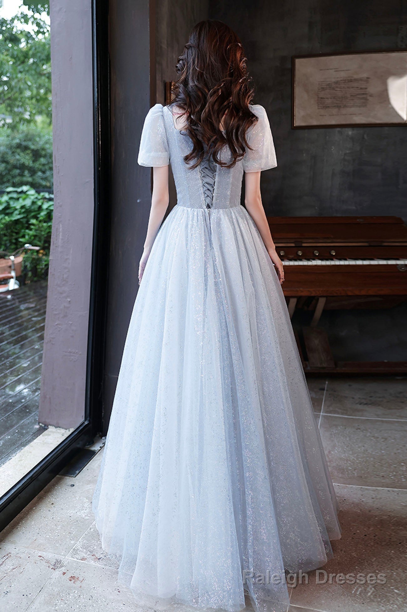 Blue Shiny Tulle Long A-Line Prom Dresses Blue Short Sleeve Prom Dresses