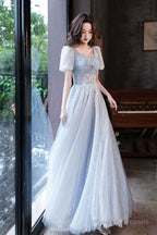Blue Shiny Tulle Long A-Line Prom Dresses Blue Short Sleeve Prom Dresses