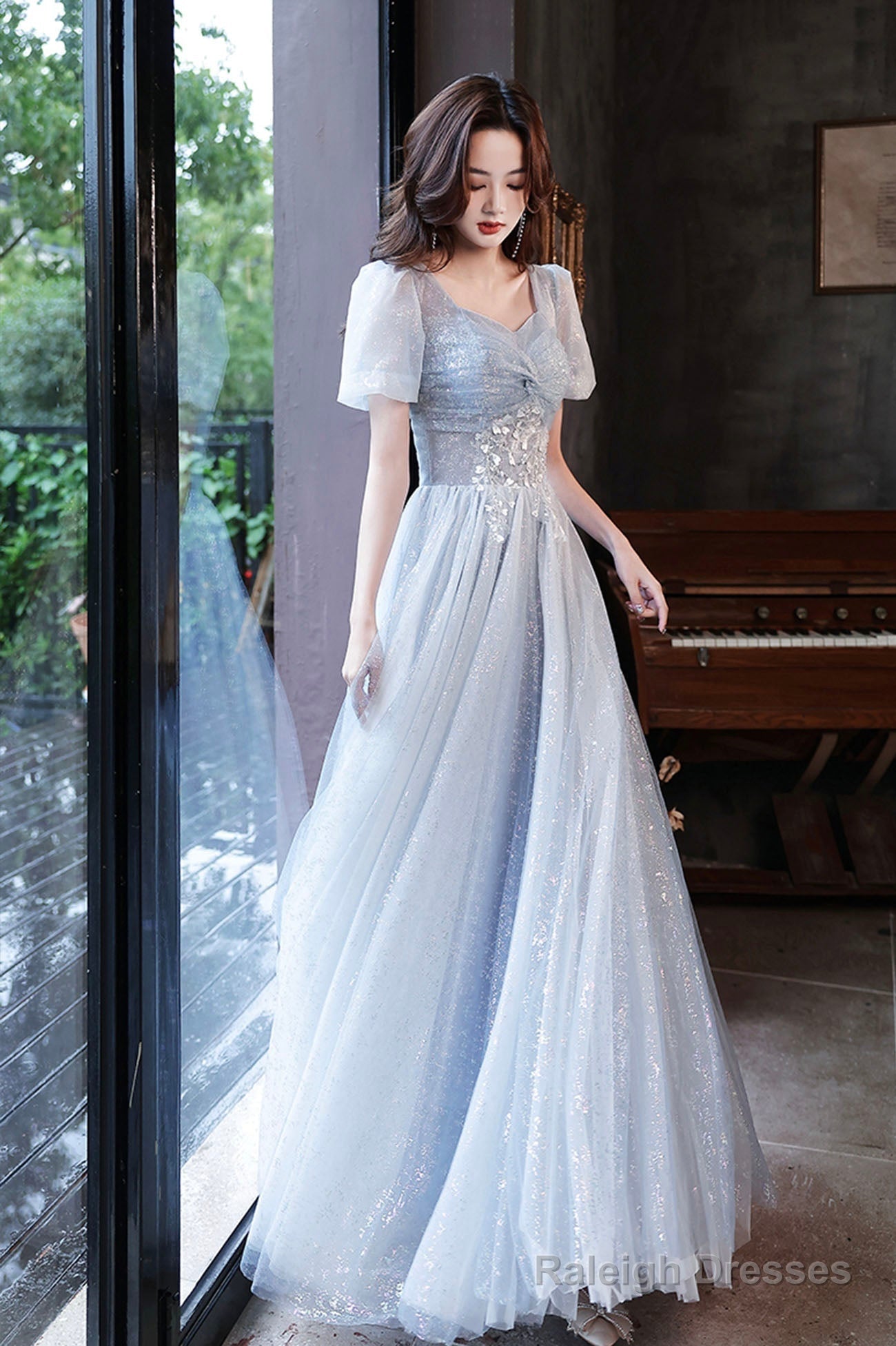 Blue Shiny Tulle Long A-Line Prom Dresses Blue Short Sleeve Prom Dresses