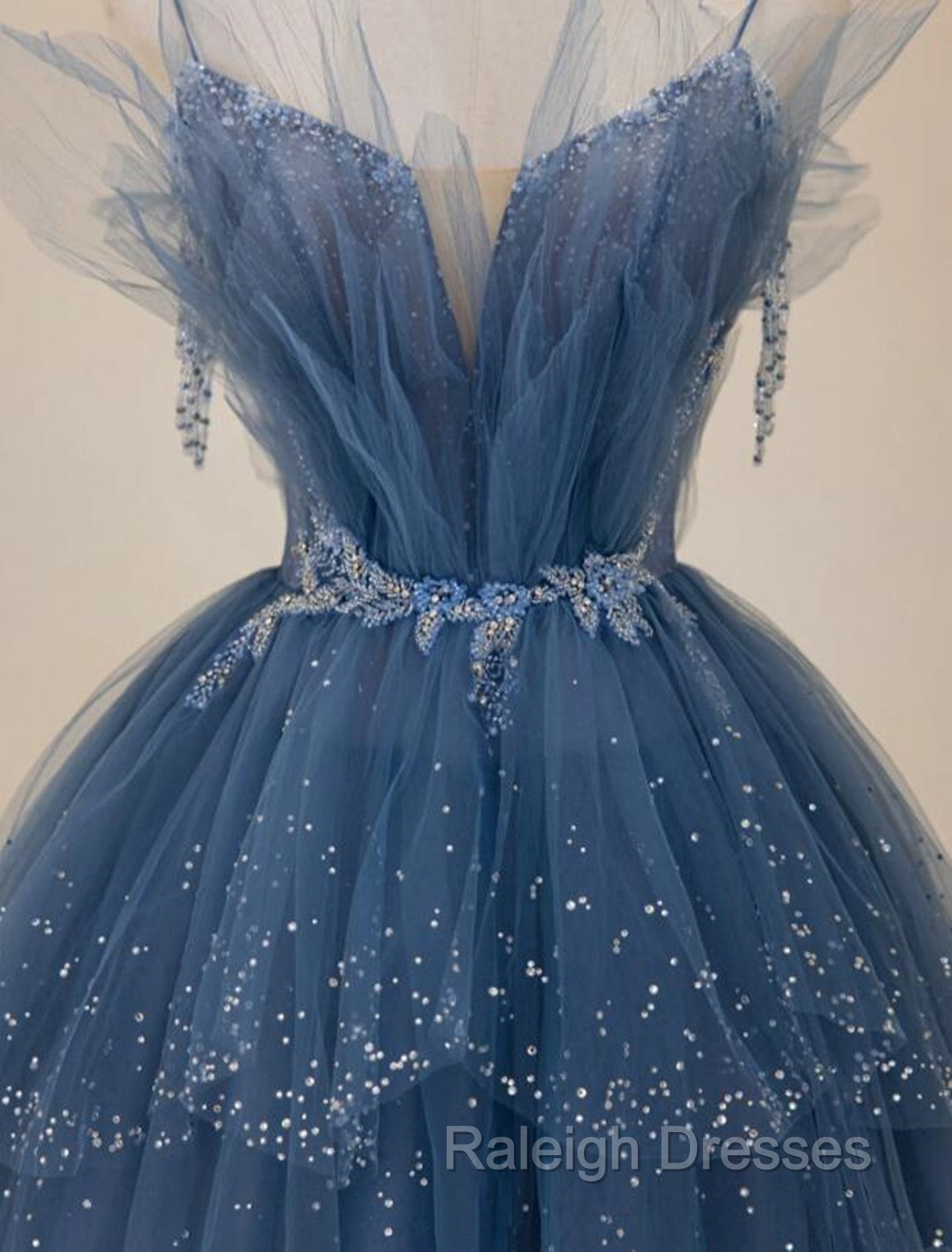 Blue Shiny Tulle Long Beaded A-line Prom Dress, Blue Floor Length Party Dress Secondary image