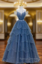 Blue Shiny Tulle Long Beaded A-line Prom Dress, Blue Floor Length Party Dress