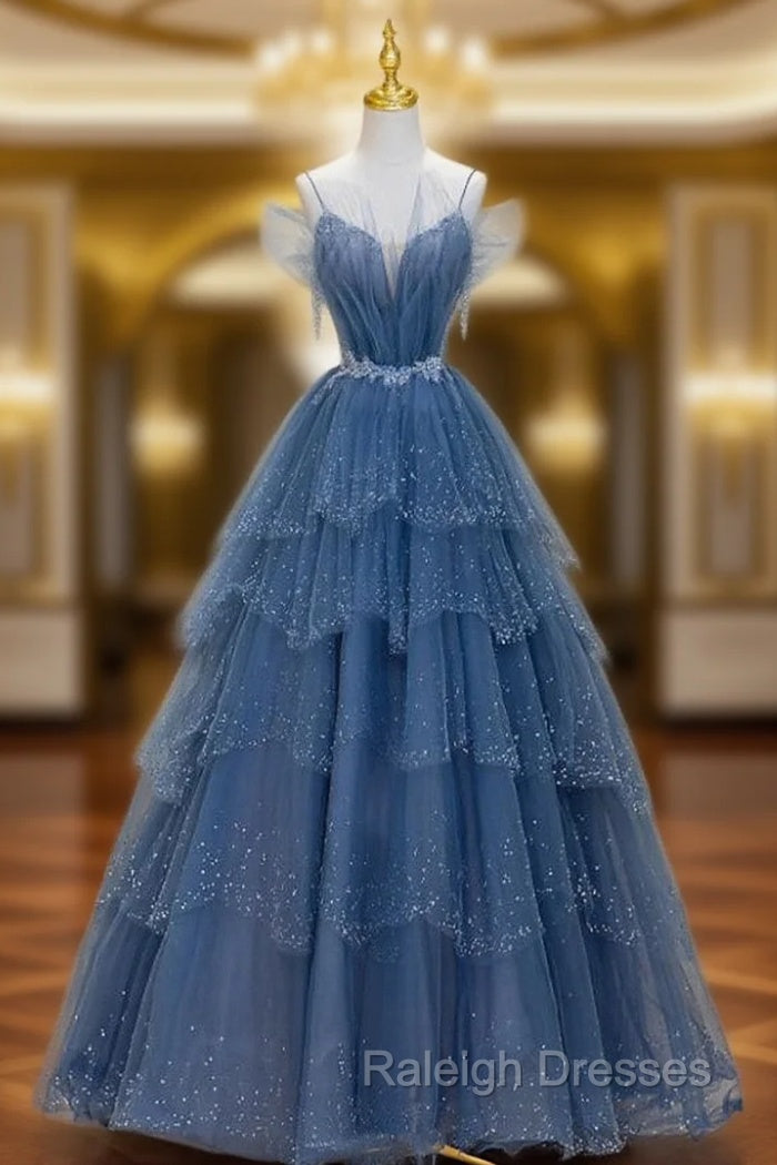 Blue Shiny Tulle Long Beaded A-line Prom Dress, Blue Floor Length Party Dress