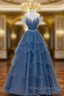 Blue Shiny Tulle Long Beaded A-line Prom Dress, Blue Floor Length Party Dress