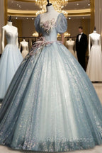 Blue Shiny Tulle Long Prom Dress with Sequins, A Line Short Sleeve Prom Dress