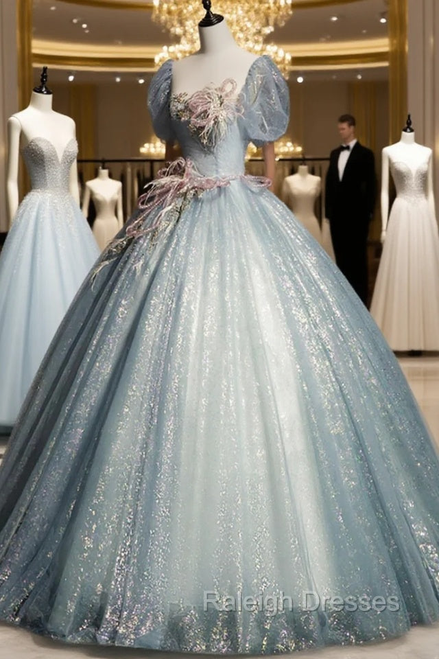 Blue Shiny Tulle Long Prom Dress with Sequins, A Line Short Sleeve Prom Dress