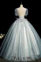 Blue Shiny Tulle Long Prom Dress with Sequins, A Line Short Sleeve Prom Dress