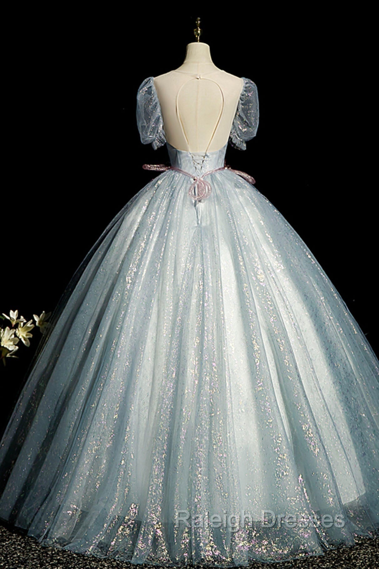 Blue Shiny Tulle Long Prom Dress with Sequins, A Line Short Sleeve Prom Dress
