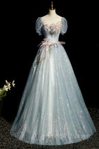Blue Shiny Tulle Long Prom Dress with Sequins, A Line Short Sleeve Prom Dress