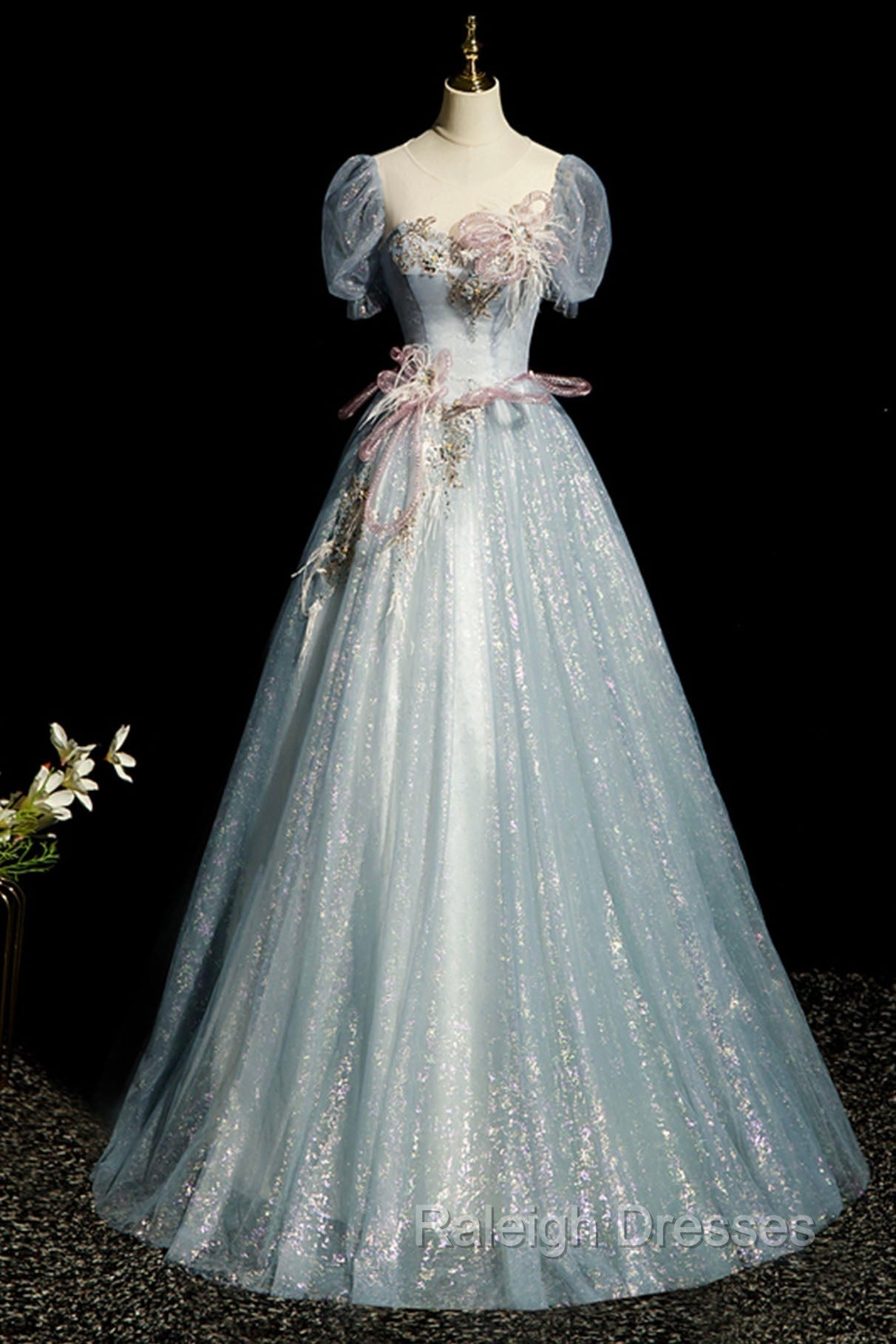 Blue Shiny Tulle Long Prom Dress with Sequins, A Line Short Sleeve Prom Dress