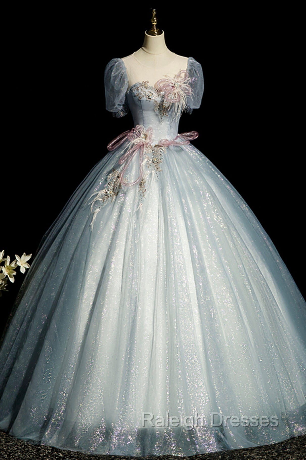 Blue Shiny Tulle Long Prom Dress with Sequins, A-Line Short Sleeve Party Dress Main image