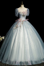 Blue Shiny Tulle Long Prom Dress with Sequins, A Line Short Sleeve Prom Dress