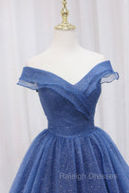 Blue Shiny Tulle Off the Shoulder Prom Dress, Blue V Neck Prom Dress