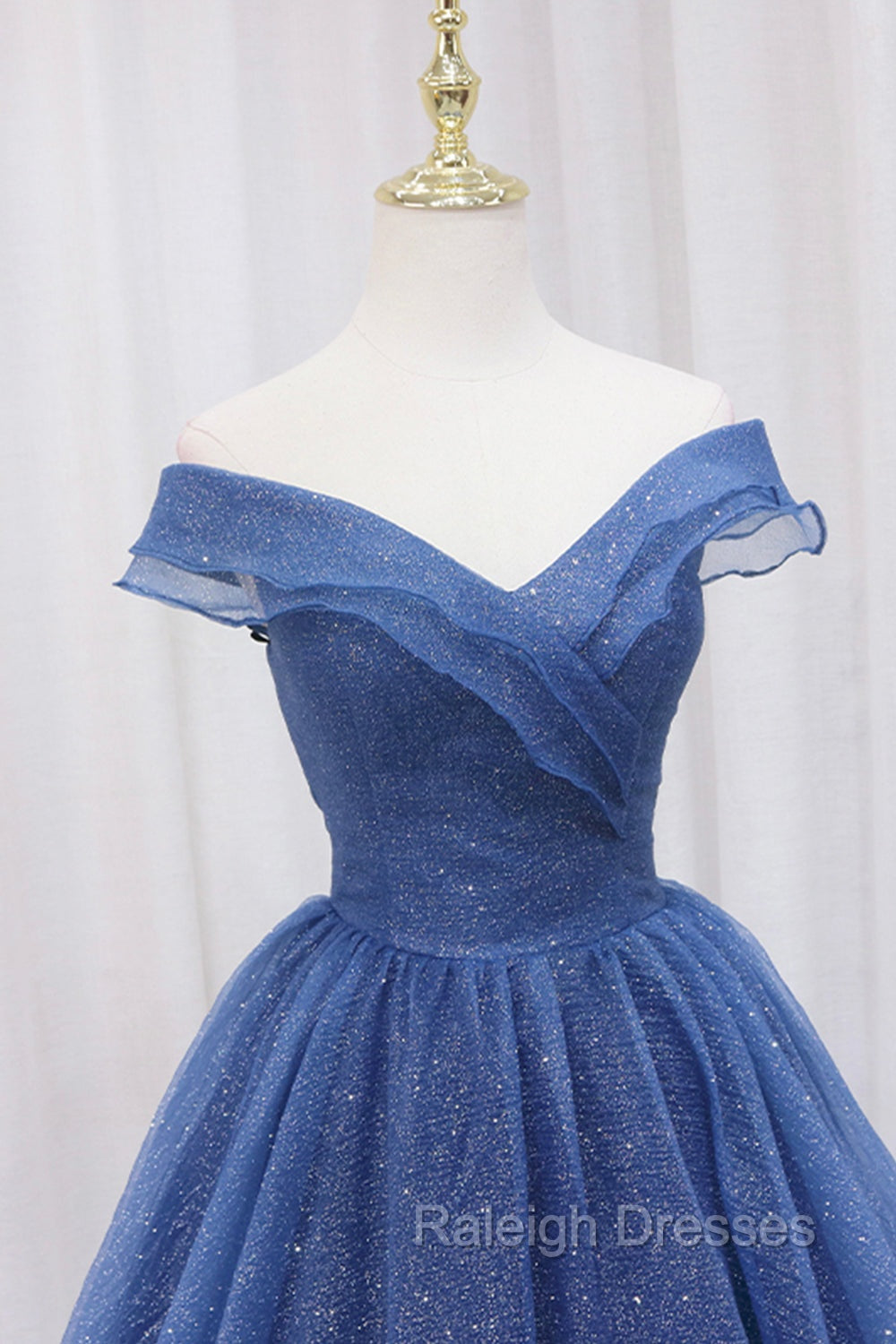Blue Shiny Tulle Off the Shoulder Prom Dress, Blue V Neck Prom Dress