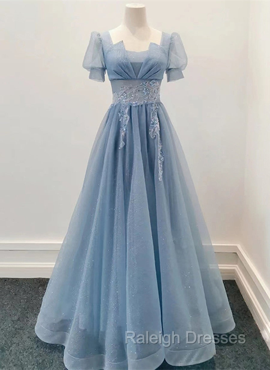 Blue Shiny Tulle Short Sleeves Long Formal Dress, Blue A-line Prom Dress Secondary image