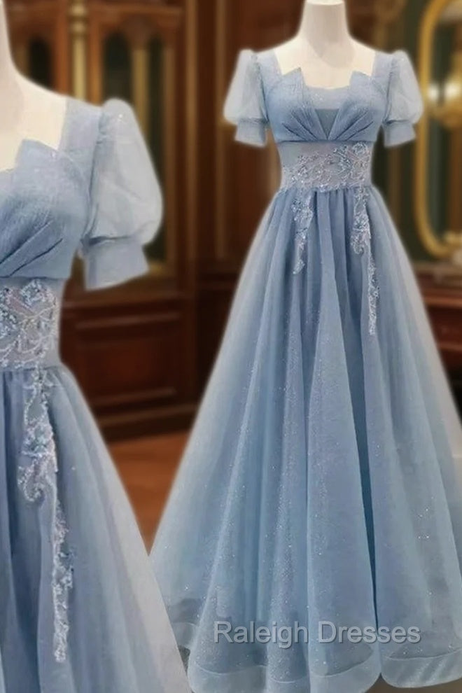 Blue Shiny Tulle Short Sleeves Long Formal Dress, Blue A-line Prom Dress