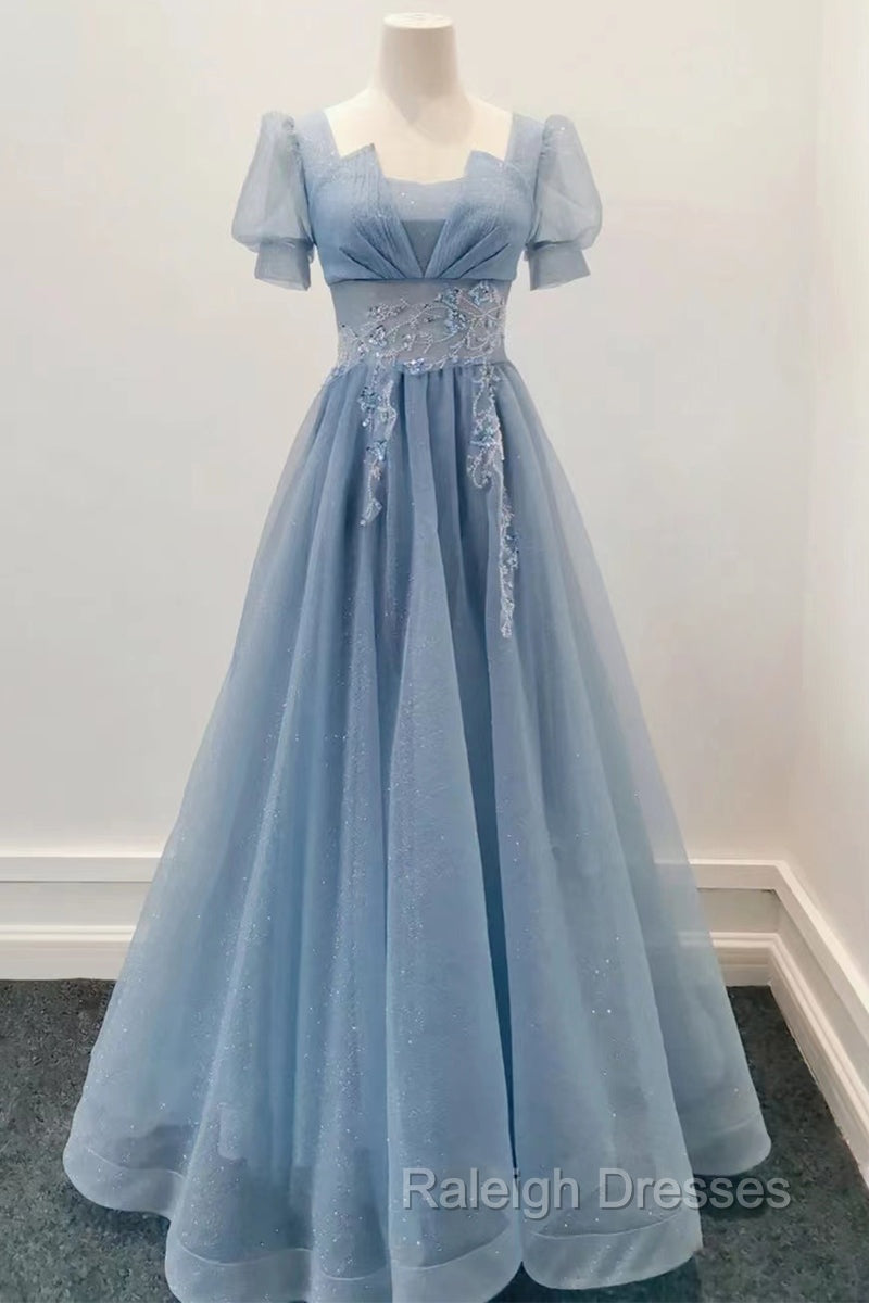 Blue Shiny Tulle Short Sleeves Long Formal Dress, Blue A Line Prom Dress Main image