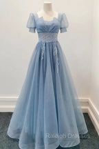 Blue Shiny Tulle Short Sleeves Long Formal Dress, Blue A Line Prom Dress