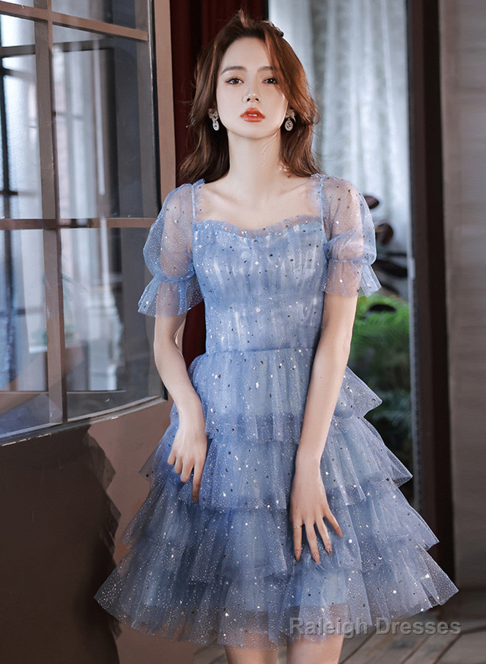 Blue Short Layers Tulle Formal Dress, Blue Off Shoulder Homecoming Dress Party Dress Secondary image