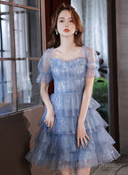 Blue Short Layers Tulle Formal Dress, Blue Off Shoulder Homecoming Dress Party Dress