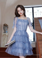 Blue Short Layers Tulle Formal Dress, Blue Off Shoulder Homecoming Dress Party Dress