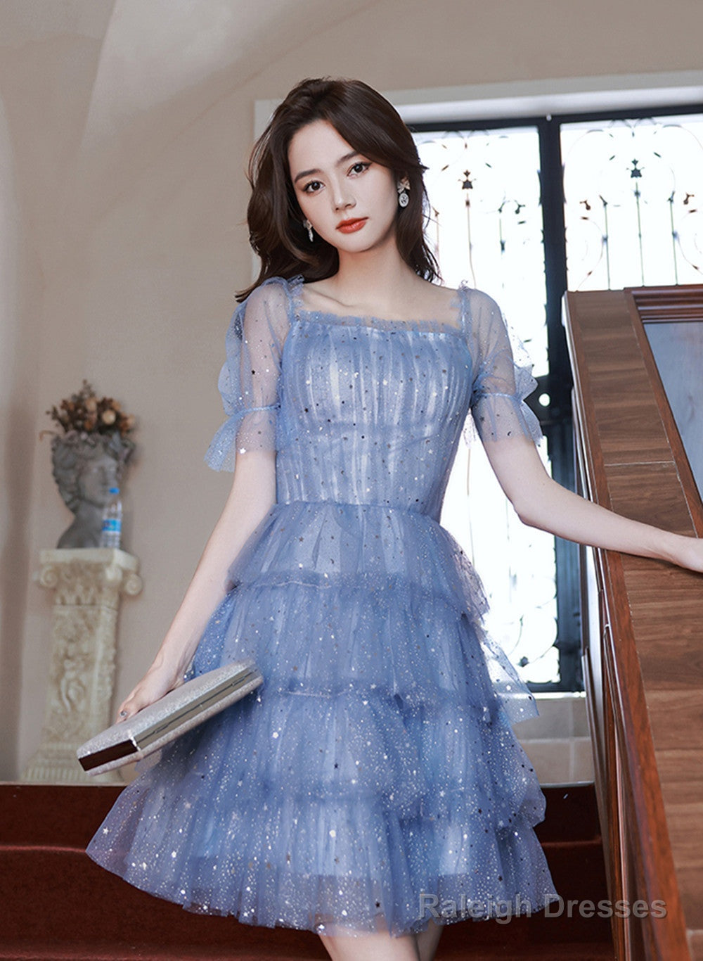 Blue Short Layers Tulle Formal Dress, Blue Off Shoulder Homecoming Dress Party Dress