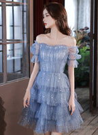 Blue Short Layers Tulle Formal Dress, Blue Off Shoulder Homecoming Dress Party Dress