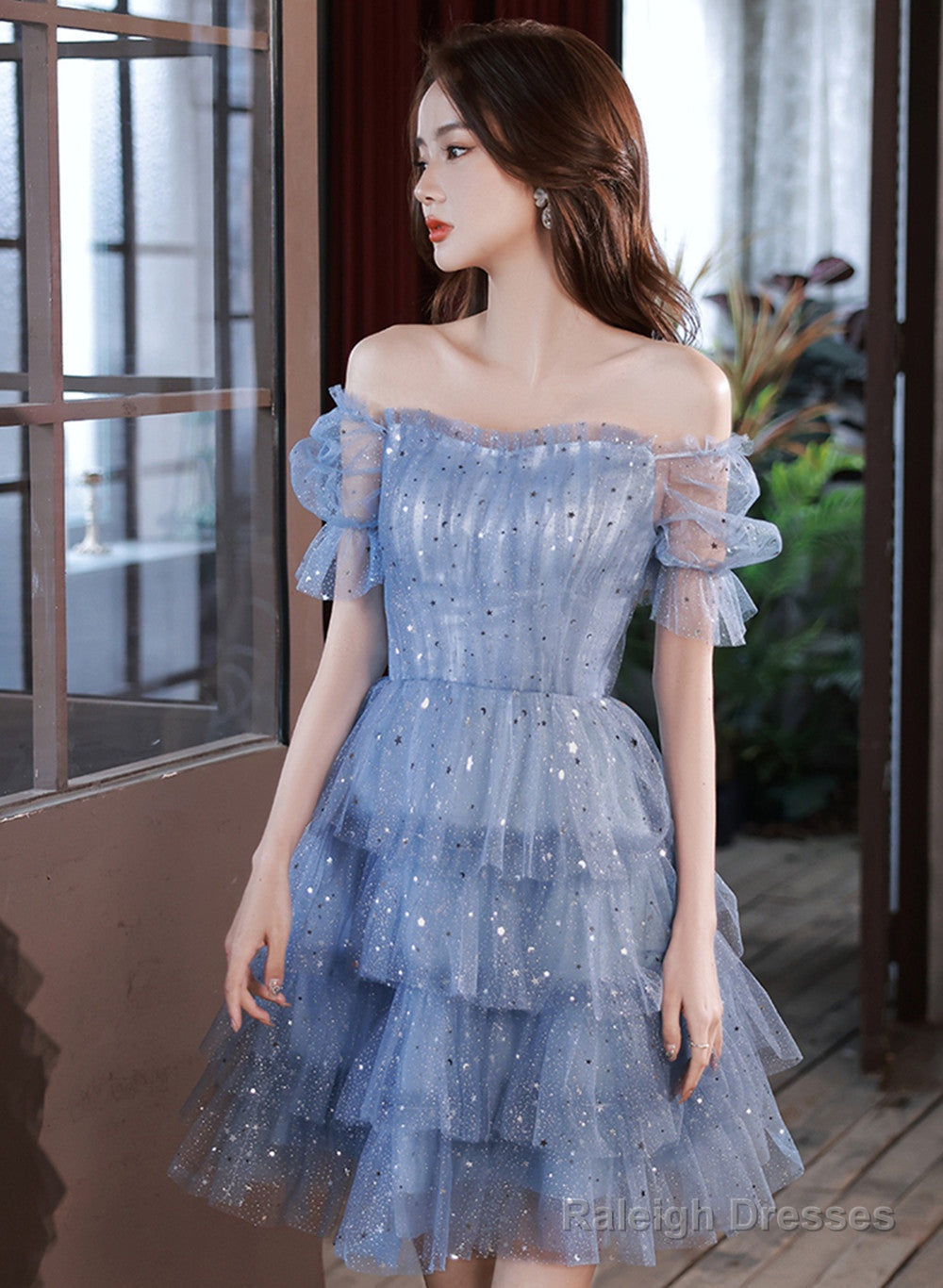 Blue Short Layers Tulle Formal Dress, Blue Off Shoulder Homecoming Dress Party Dress
