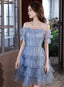Blue Short Layers Tulle Formal Dress, Blue Off Shoulder Homecoming Dress Party Dress