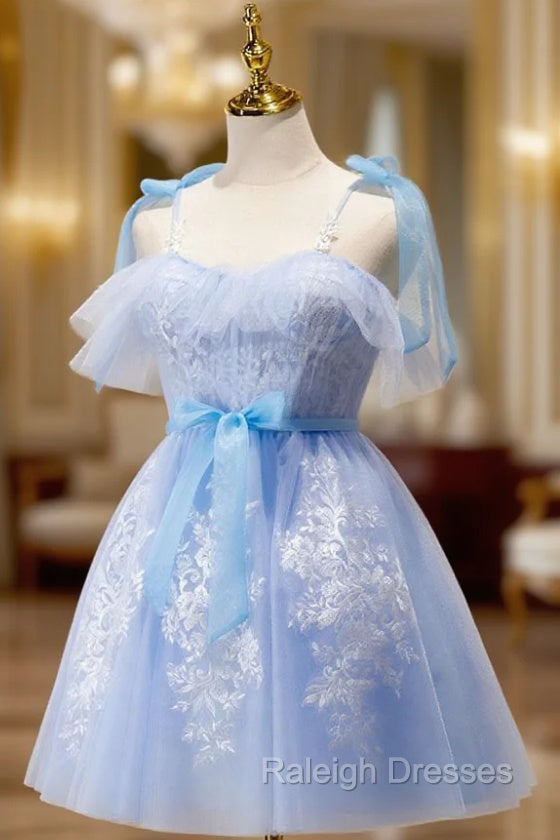 Blue Short Prom Dress, Puffy Cute Blue Homecoming Dress with Lace