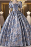 Blue Short Sleee Print Pearls Quinceanera Dress