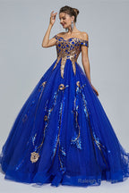 Blue Short Sleeve Off The Shoulder Tulle Sequin Decal Long Prom Dresses