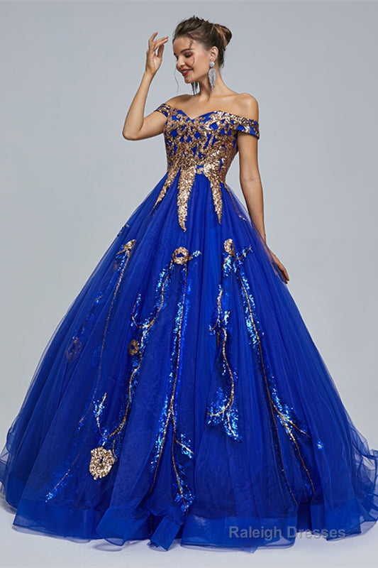 Blue Short Sleeve Off The Shoulder Tulle Sequin Decal Long Prom Dresses