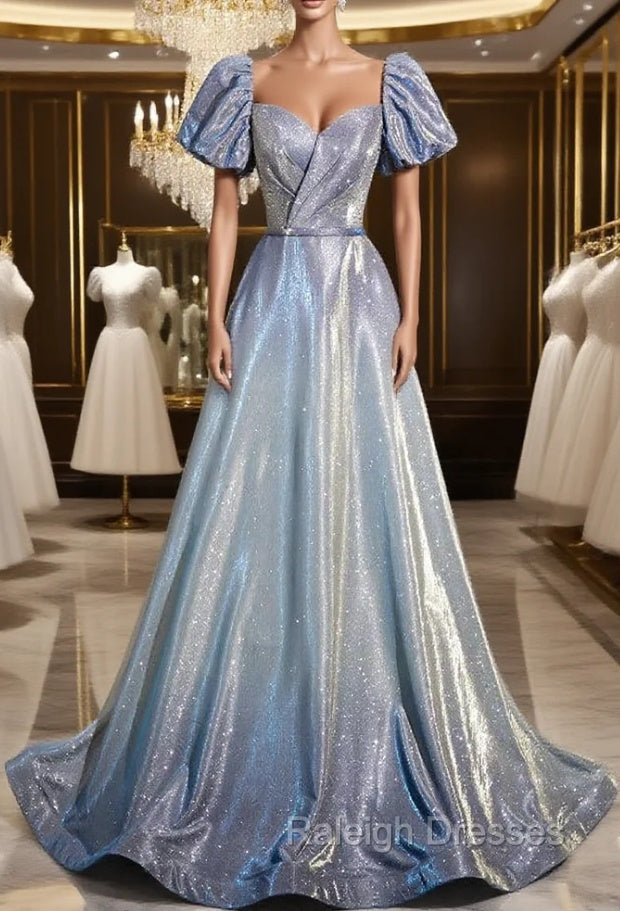 Blue Short Sleeve Pleats Prom Dress Main image