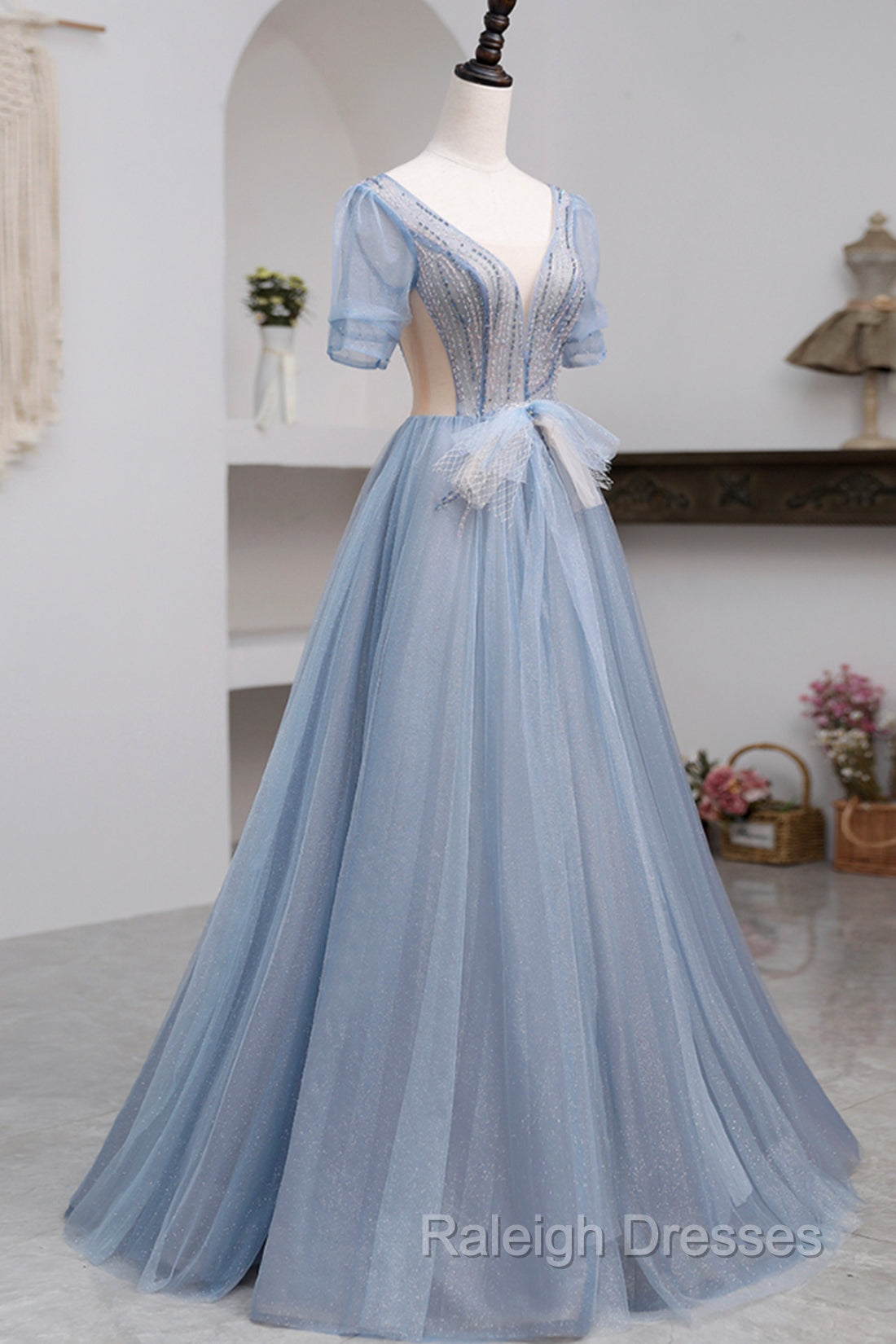 Blue Short Sleeve Tulle Floor Length Prom Dress with Beaded