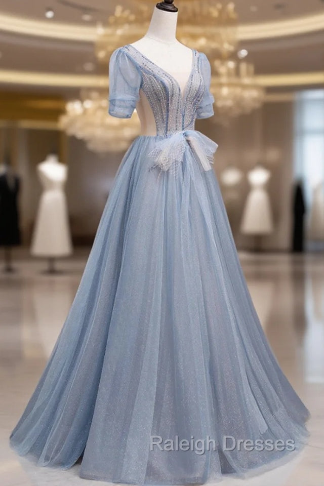 Blue Short Sleeve Tulle Floor Length Prom Dress with Beaded, Blue A-Line Evening Dress