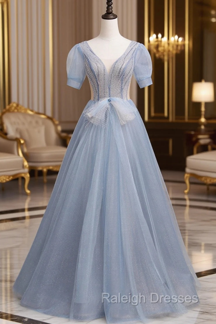 Blue Short Sleeve Tulle Floor Length Prom Dress with Beaded Main image