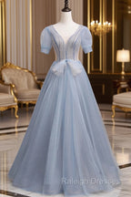 Blue Short Sleeve Tulle Floor Length Prom Dress with Beaded