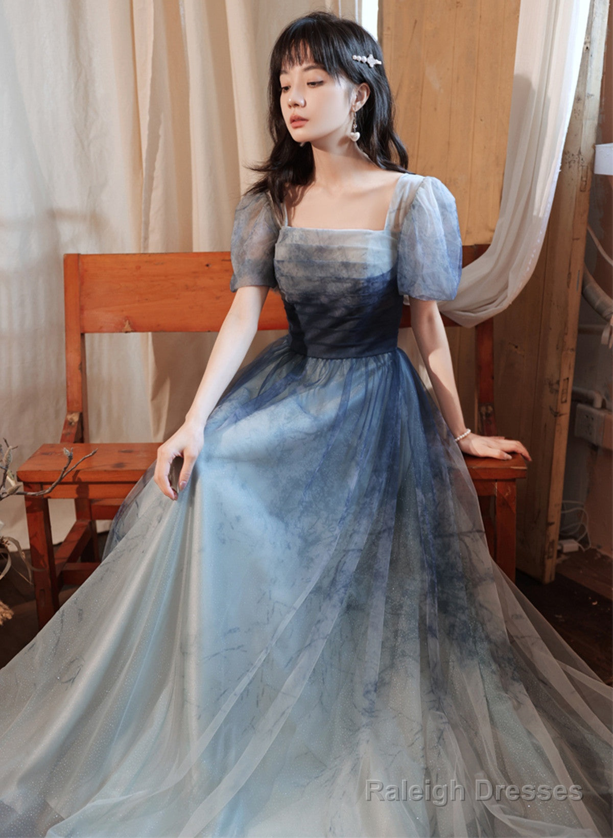 Blue Short Sleeves Gradient Tulle Long Party Dress, Blue Long Formal Dress Evening Dress Secondary image