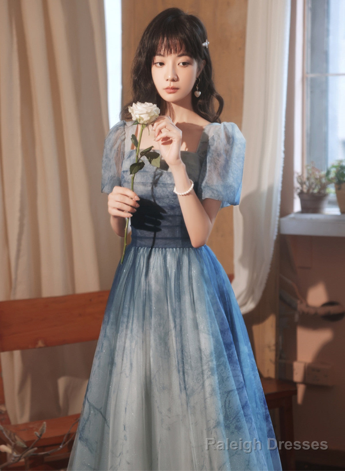 Blue Short Sleeves Gradient Tulle Long Prom Dresses Blue Long Prom Dresseses