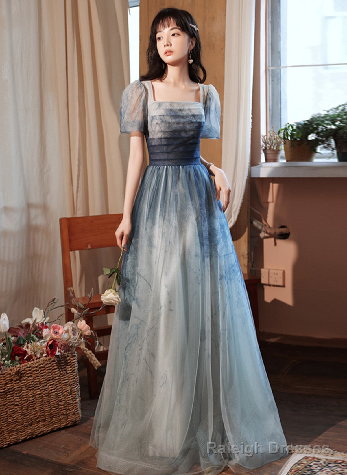 Blue Short Sleeves Gradient Tulle Long Party Dress, Blue Long Formal Dress Evening Dress Main image